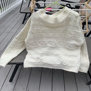 Forever 21 Thick White Ribbed Knit Sweater w/ Detailing and Wide Neck